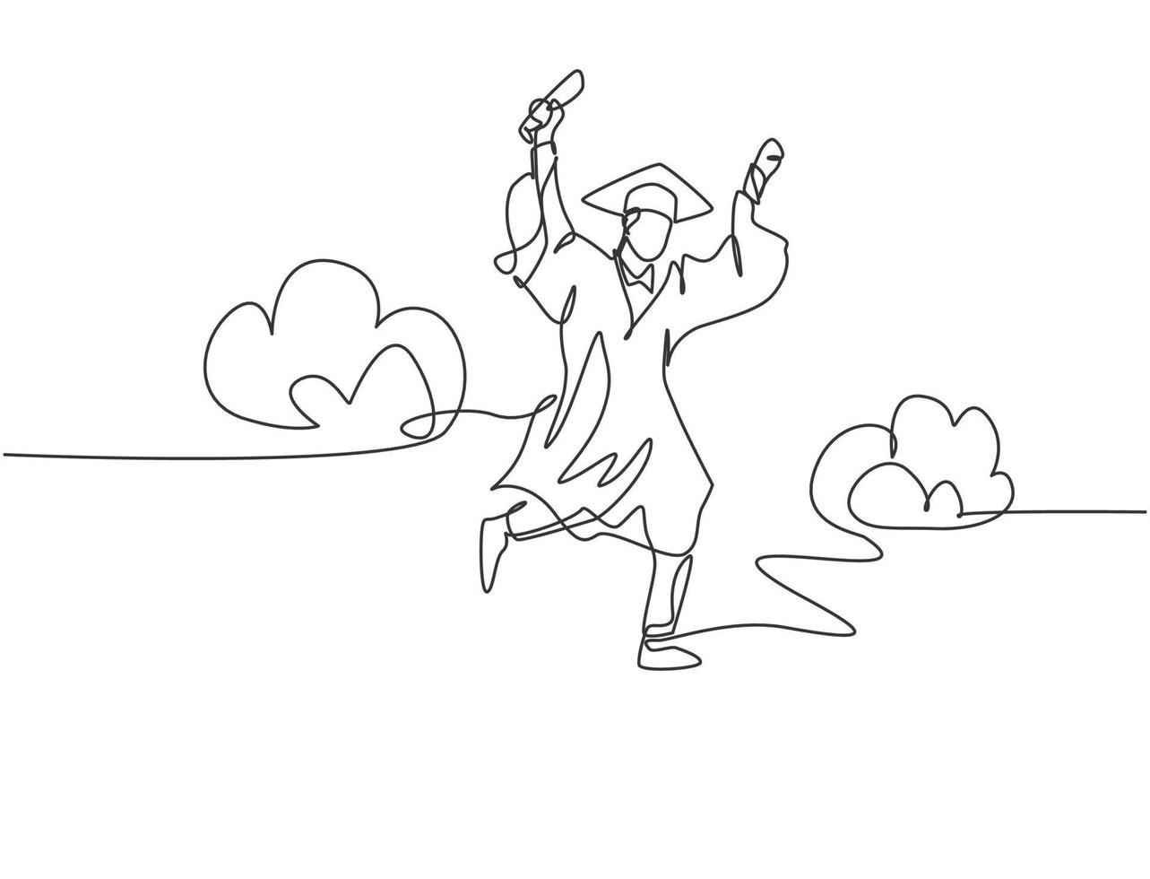 Single line drawing of young happy college student jumping high to celebrate his school graduation. Education celebration concept. Continuous line draw graphic design vector illustration