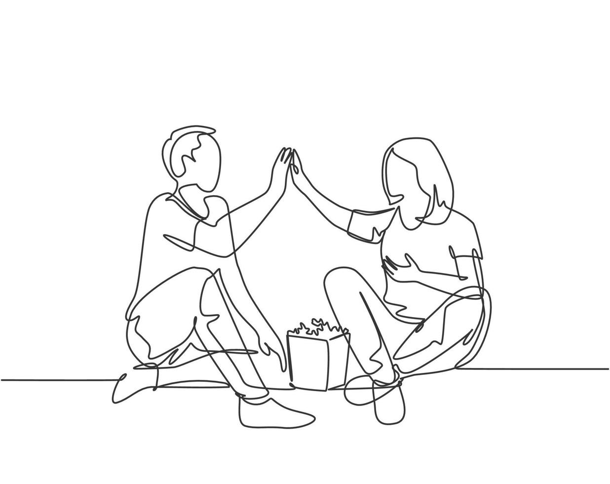 One line drawing of young happy couple male and female relaxing and spending time together eating popcorn. Romantic relationship concept. Continuous line draw graphic design vector illustration