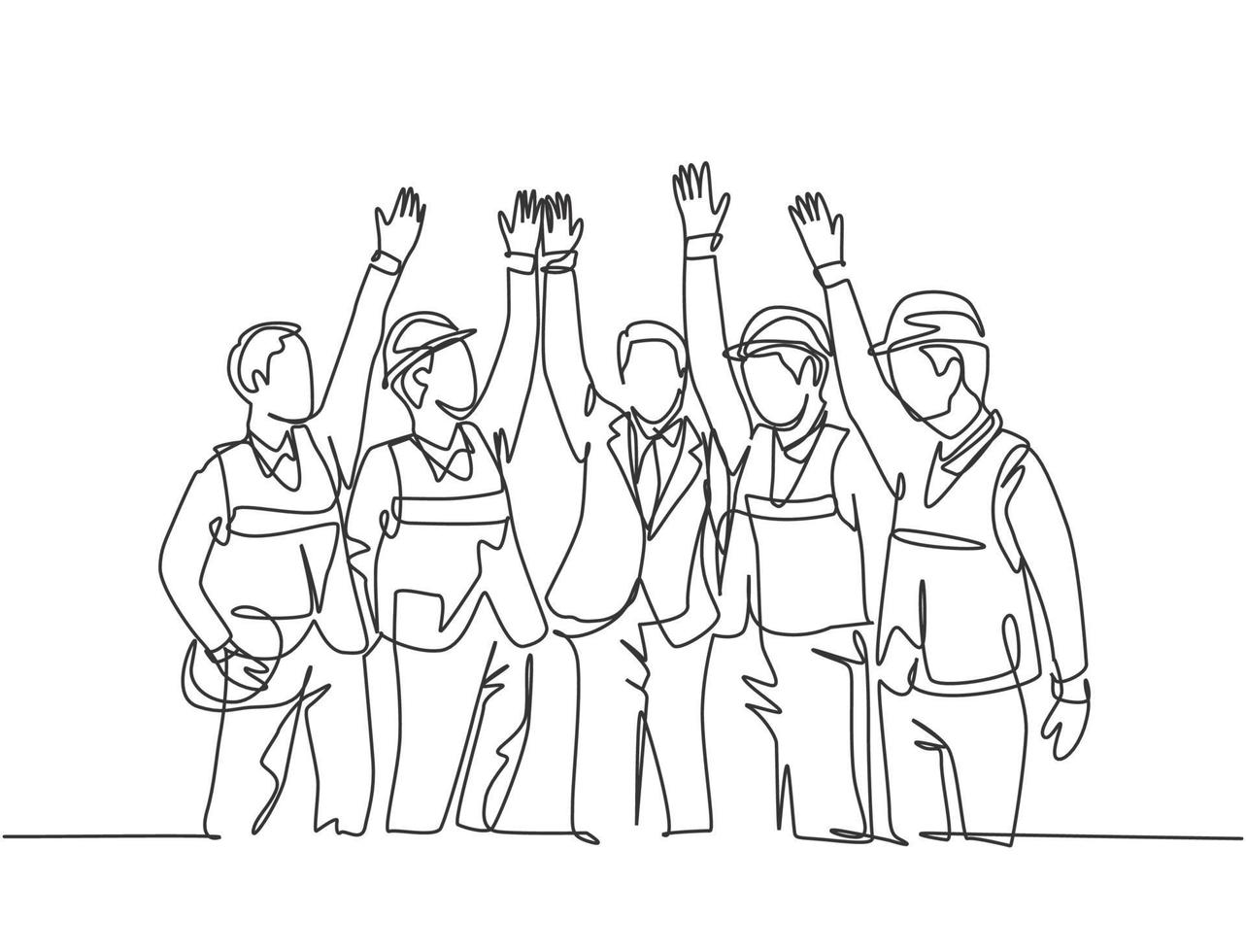 Single line drawing of construction workers and foreman with vest and helmet celebrate their successive build. Building construction concept. Continuous line draw graphic design vector illustration