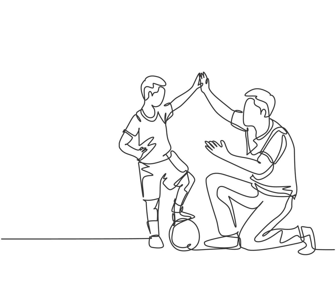 One line drawing of young happy father bow his body to give high five gesture to his boy while playing soccer on football court. Parenting concept. Continuous line draw design vector illustration