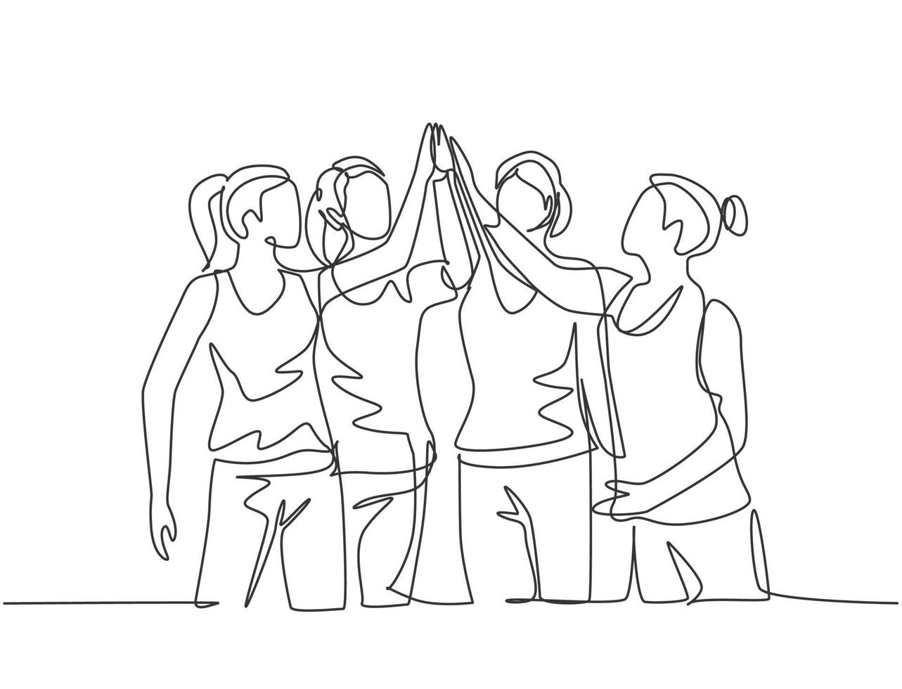 One line drawing of group of young happy women giving high five gestures after doing some aerobics exercise at gymnasium together. Fitness concept continuous line draw design vector illustration