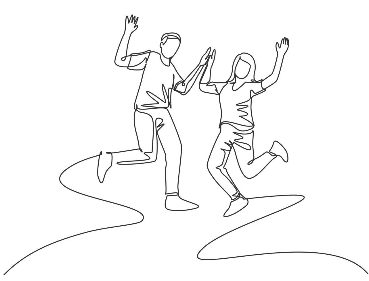 Single line drawing of young happy student couple jumping to celebrate their final exam result graduation together. Campus life education concept. Continuous line draw design vector illustration