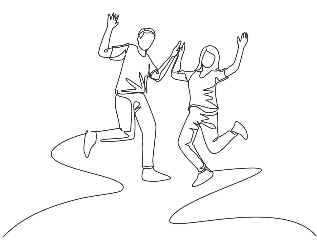 Single line drawing of young happy student couple jumping to celebrate their final exam result graduation together. Campus life education concept. Continuous line draw design vector illustration