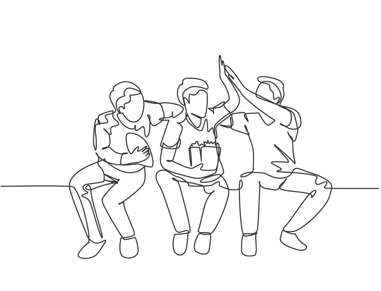 One single line drawing of young happy fans siting on sofa and watching their favorite club playing the match on the television. Fans club concept continuous line draw design vector illustration