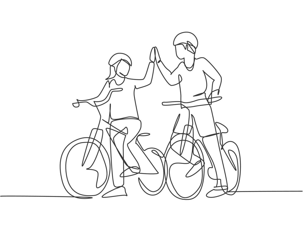 dibujo de una línea de la joven pareja feliz, hombres y mujeres, dar un paseo con bicicleta juntos y dar cinco gestos. concepto de relación romántica. Ilustración de vector de diseño de dibujo de línea continua