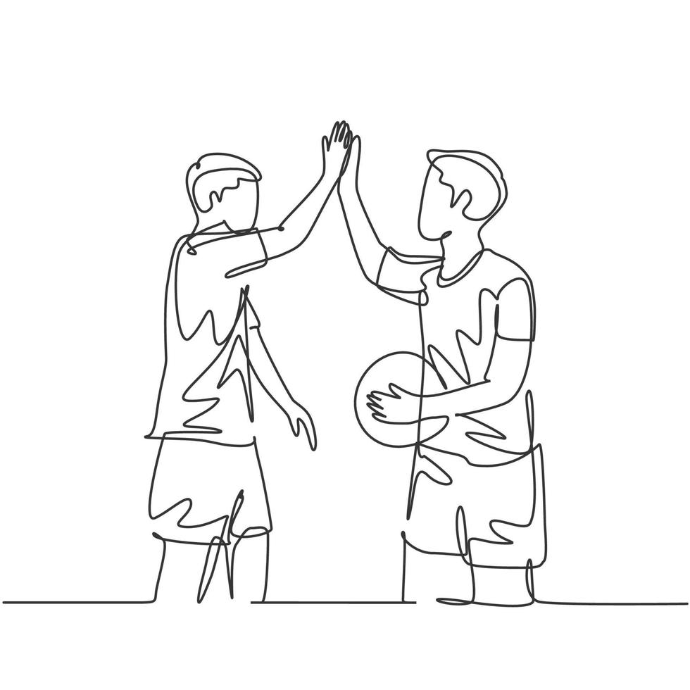 One line drawing of two young happy man playing basket ball on outfield court and giving high five gesture. Healthy sport lifestyle concept. continuous line draw design graphic illustration vector