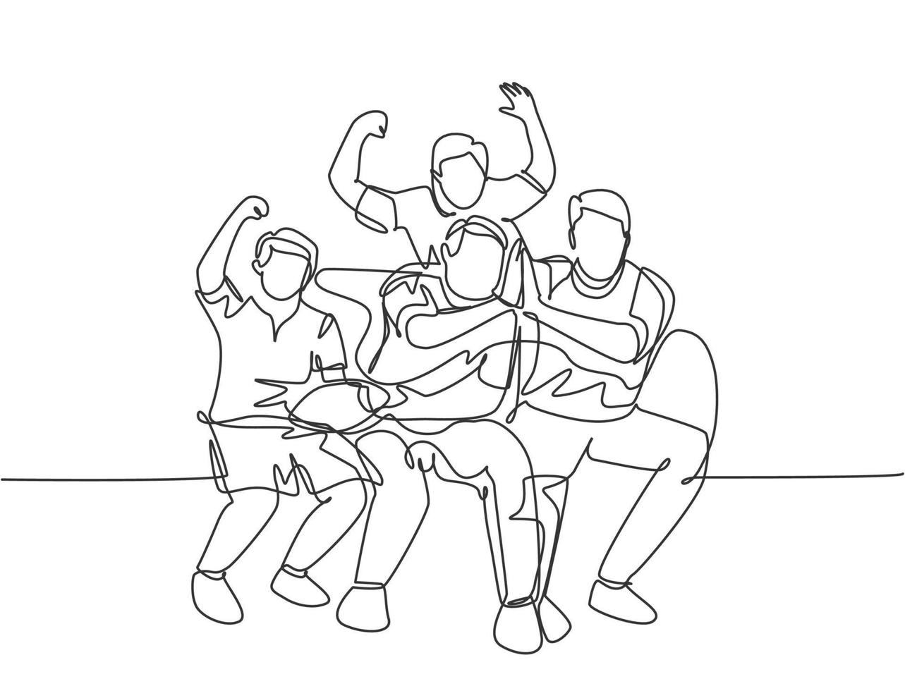 One single line drawing of young happy group fans siting on sofa and watching their favorite club playing the match on the television. Fans club concept continuous line draw design vector illustration