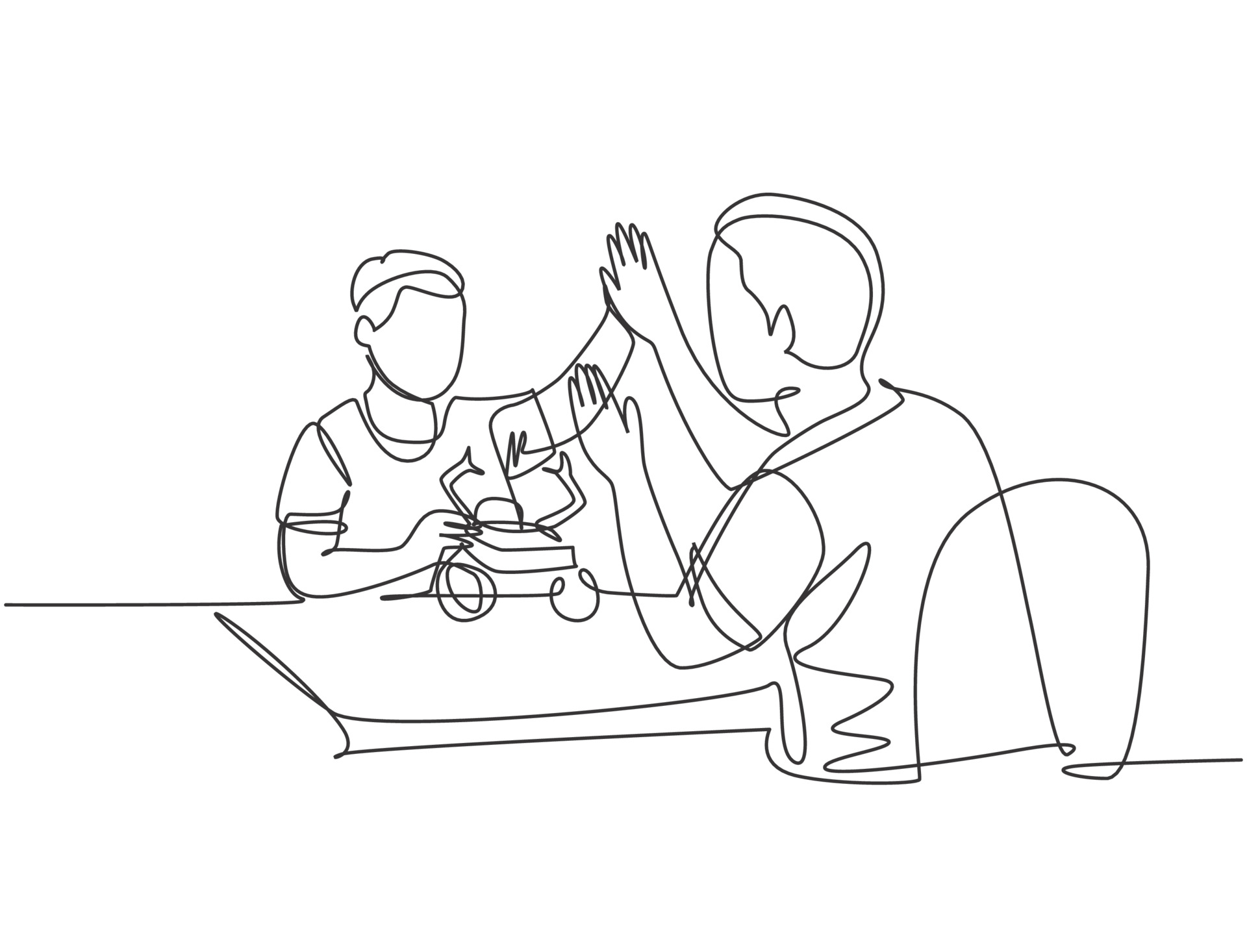 El Dibujo De Una Sola Línea Del Padre Acompaña A Su Hijo Jugando Un Kit De Modelo De Figura De El Dibujo De Una Sola Línea Del Padre Acompaña A Su Hijo Jugando Un Kit De Modelo De Figura De