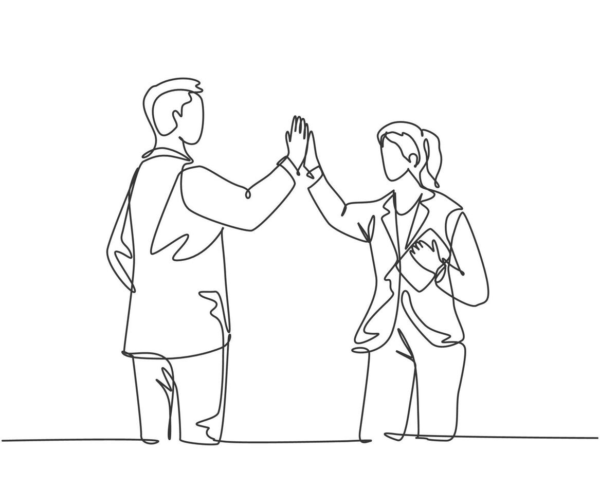 One line drawing of young happy businessman and businesswoman celebrating their successive goal with high five gesture. Business deal concept continuous line draw design graphic vector illustration