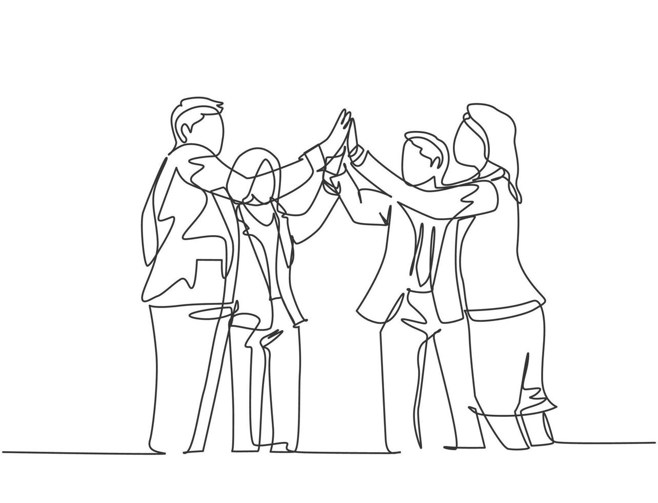 One line drawing of young businessmen and businesswomen celebrating their successive goal at the business meeting with high five gesture. Business deal concept continuous line draw design illustration vector