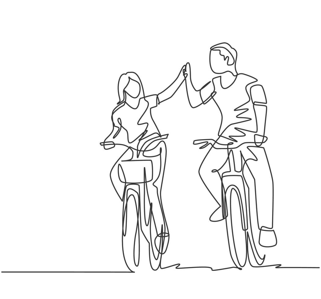 Dibujo de una sola línea de la joven pareja feliz montando bicicleta románticamente tomados de la mano juntos en el parque al aire libre. concepto de relación de amor. línea continua dibujar diseño gráfico ilustración vectorial vector