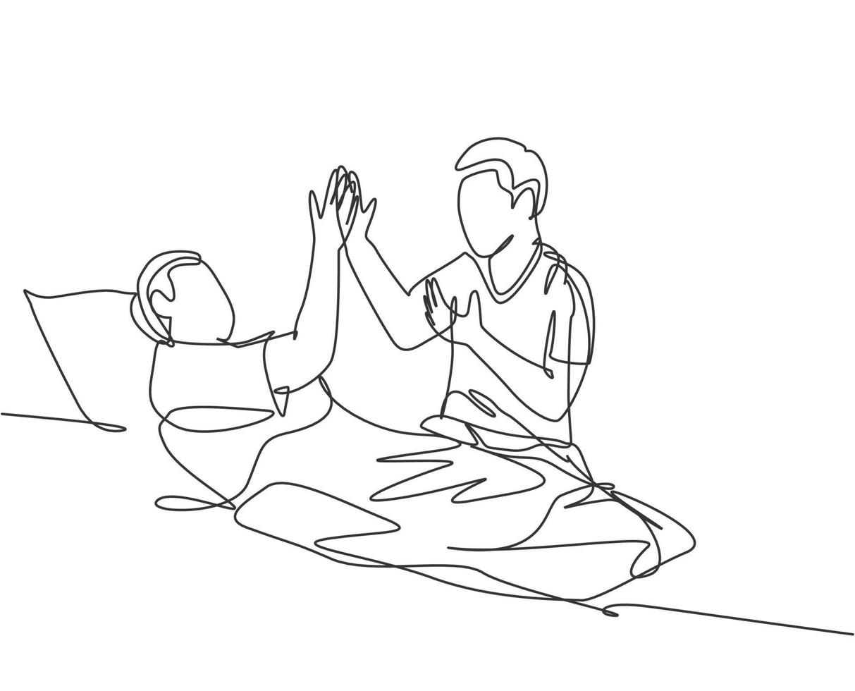 Single line drawing of son take care of his sick father at hospital and should be take a bed rest and give high five gesture. Medical healthcare concept continuous line draw design vector illustration