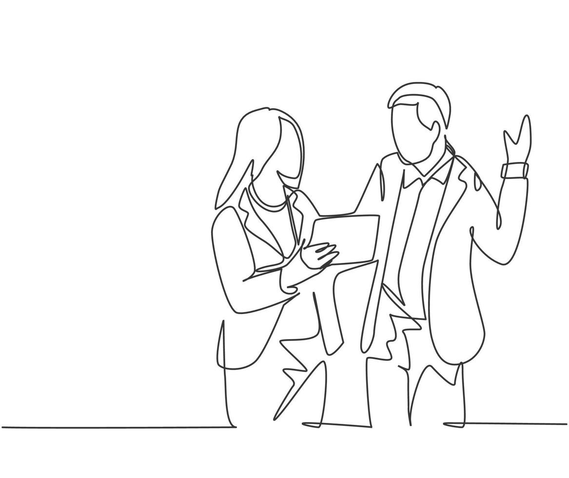 Single continuous line drawing of young male and female managers discussing strategic planning to increase company profit. Business growth discussion concept. One line draw design vector illustration