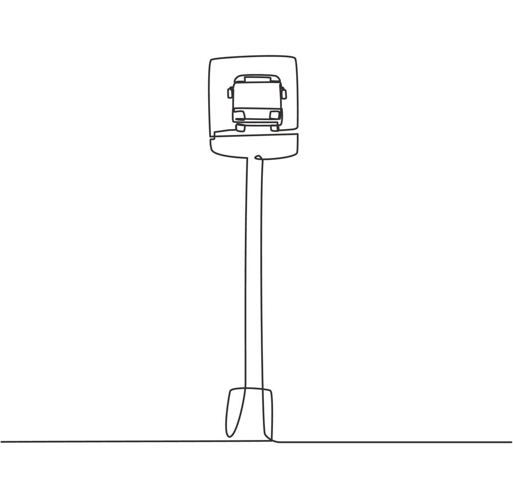 dibujo de una sola línea de una parada de autobús con una señal de autobús simple ubicada al costado de una vía urbana donde los pasajeros suben y bajan. Ilustración de vector gráfico de diseño de dibujo de línea continua moderna.