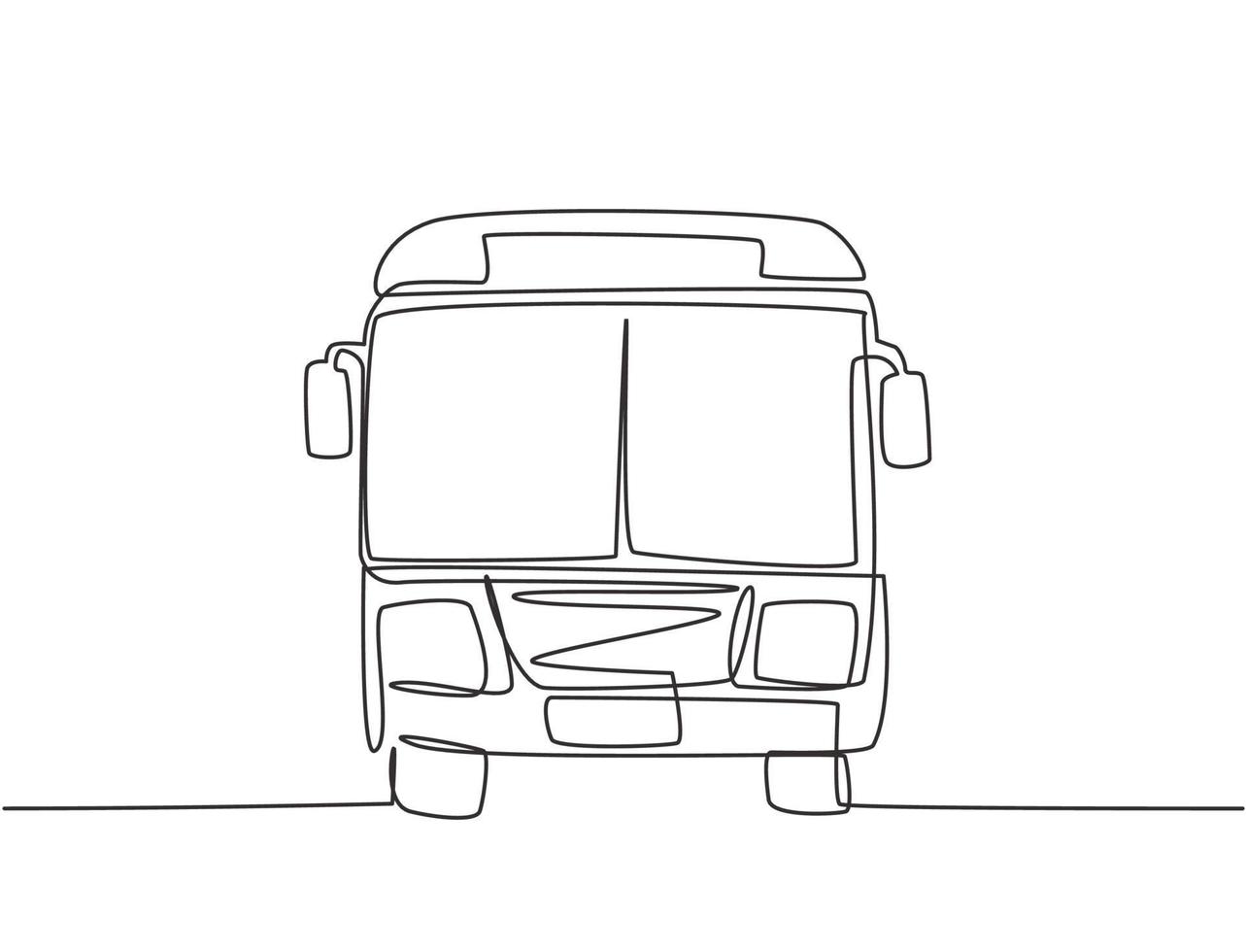 Continuous one line drawing front view of bus that is stopped at the bus stop waiting for passengers to get on and off, then continue their journey. Single line draw design vector graphic illustration