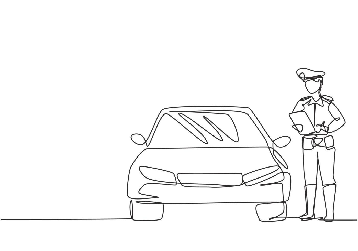 Single continuous line drawing policeman with uniform is ticketing a driver who uses a car for violating traffic signs. Regulations must be enforced. One line draw graphic design vector illustration.