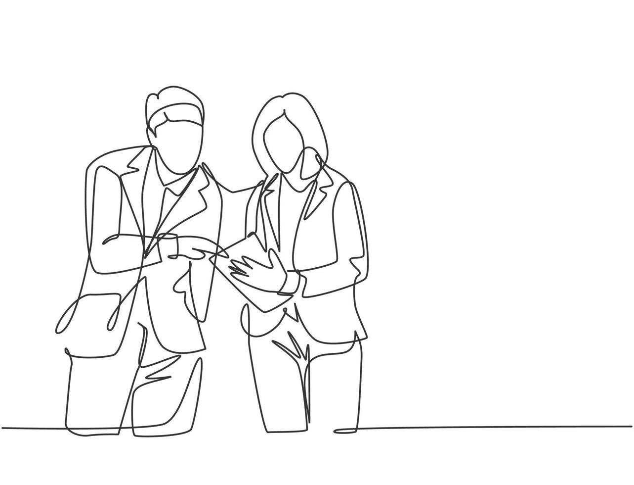 One continuous line drawing of young happy male and female marketing manager discussing sales progress on tablet phone. Online business report concept. Single line draw design vector illustration