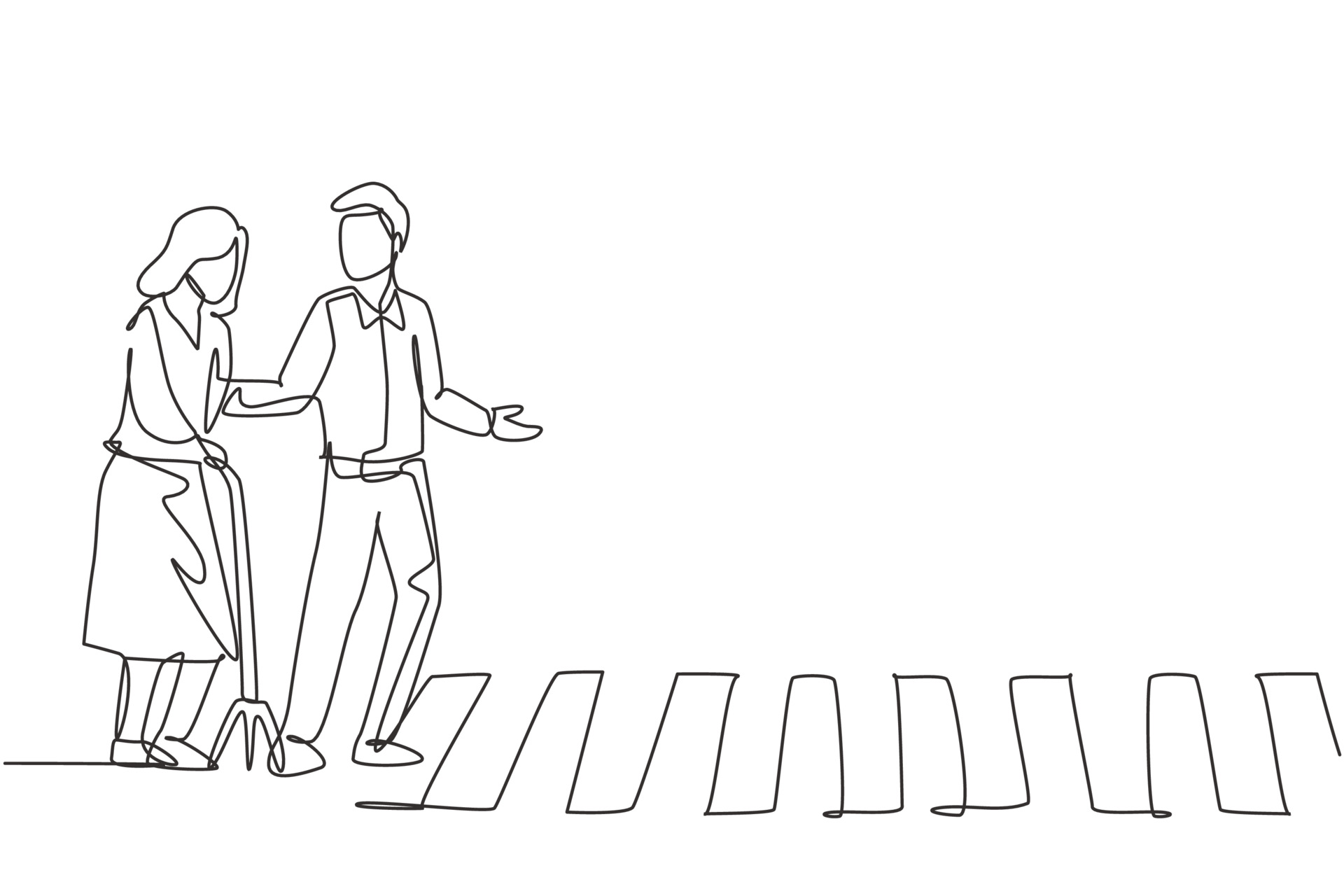 Continuous one line drawing a young man helps an old grandmother who