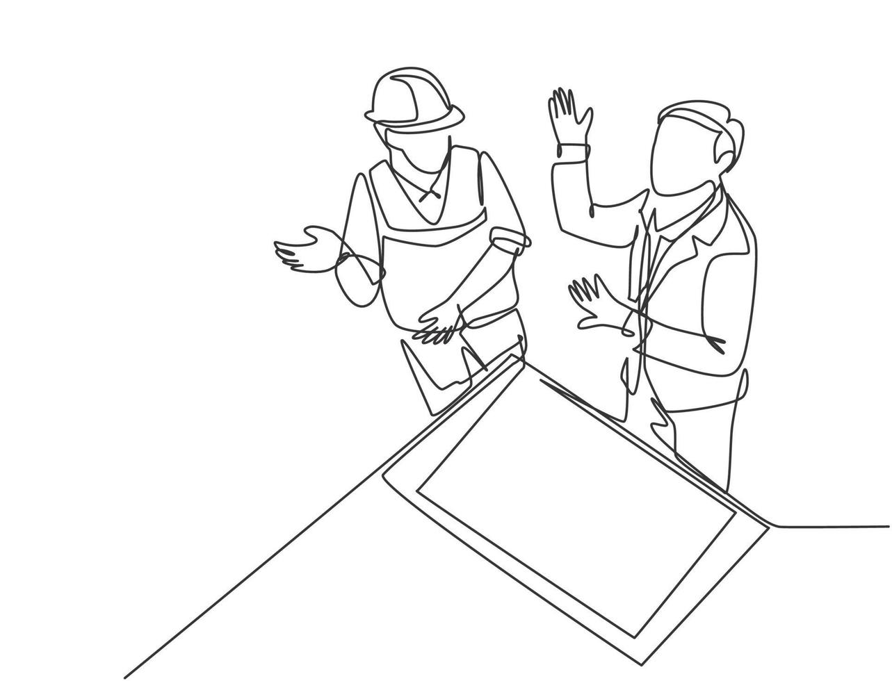 Single continuous line drawing of young architect and foreman discussing about blueprint building design. Construction planning talk concept. Modern one line draw design graphic vector illustration