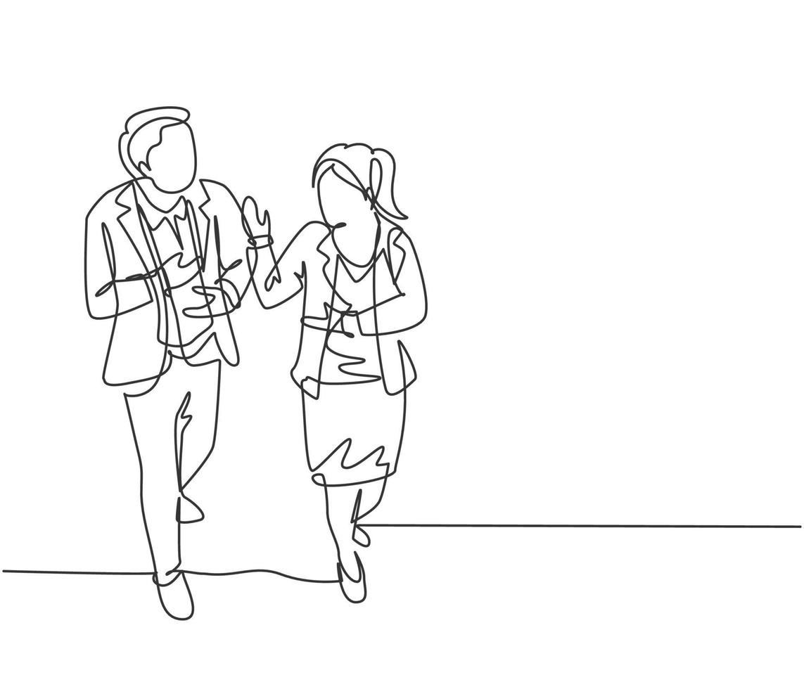 Single continuous line drawing of two business colleagues discussing about plan doing project together while walking. Business collaboration concept one line draw graphic design vector illustration