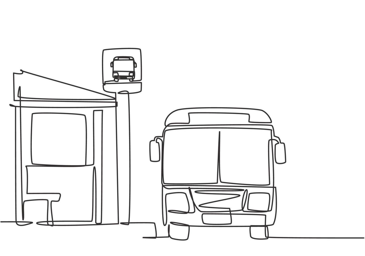 Single one line drawing of bus stop with shelter, simple bus sign and a bus waiting for passengers to get on and off, then continue the journey. Continuous line draw design graphic vector illustration