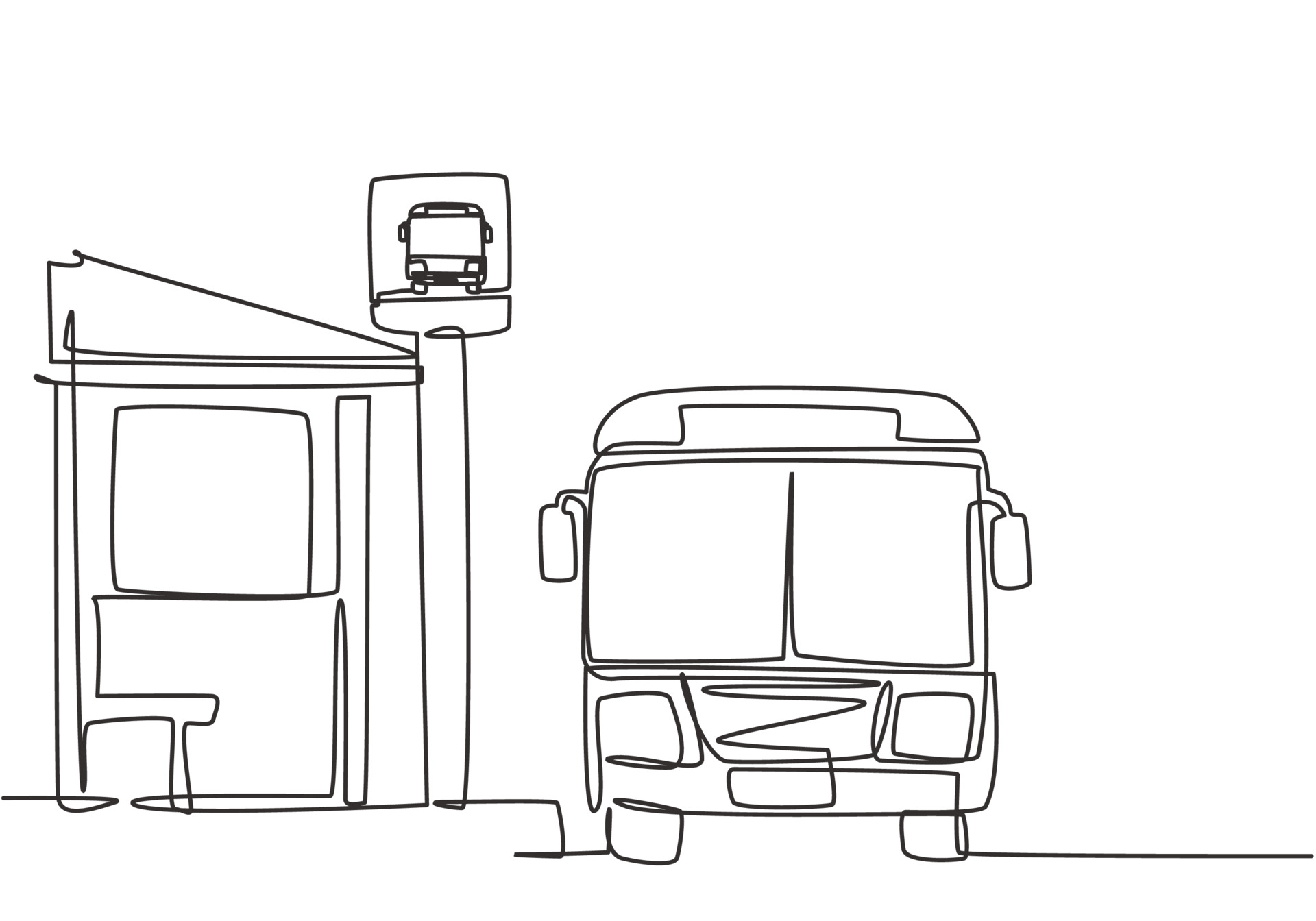 Single one line drawing of bus stop with shelter, simple bus sign and a