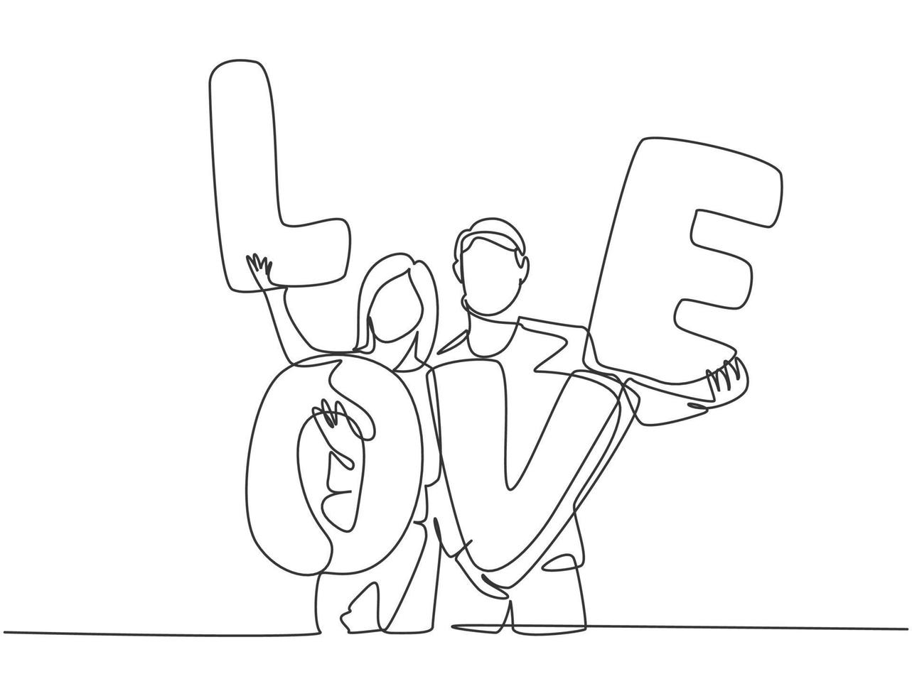 dibujo de una sola línea de la joven pareja feliz hombre y mujer sosteniendo un globo de carta de amor después del evento de propuesta de matrimonio. concepto de amor romántico dibujo de línea continua diseño gráfico ilustración vectorial vector