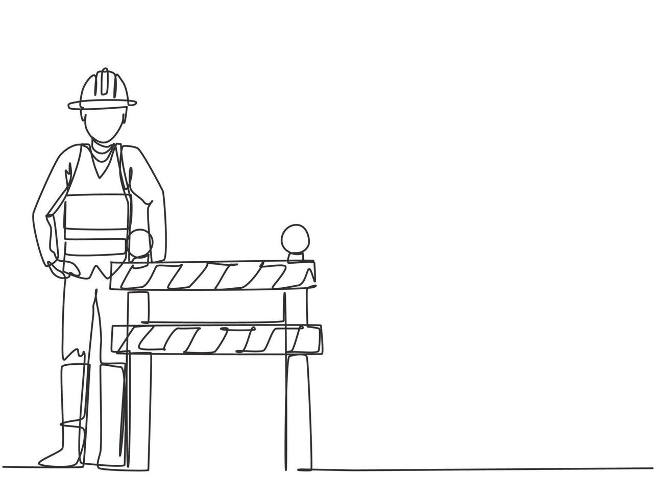 Continuous one line drawing a construction worker is standing next to the under construction board which is located on the side of the road. Single line draw design vector graphic illustration.