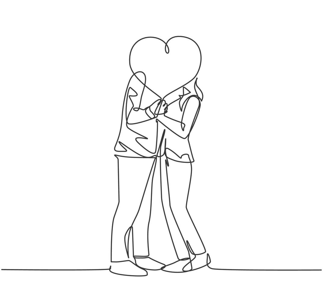 One single line drawing of young happy couple man and woman kissing and covered by heart shape balloon celebrating their marriage. Romantic love concept continuous line draw design vector illustration