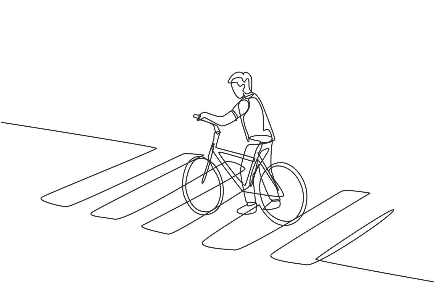 Single one line drawing of a young man riding a bicycle crossing the zebra crossing at a crossroads. vector