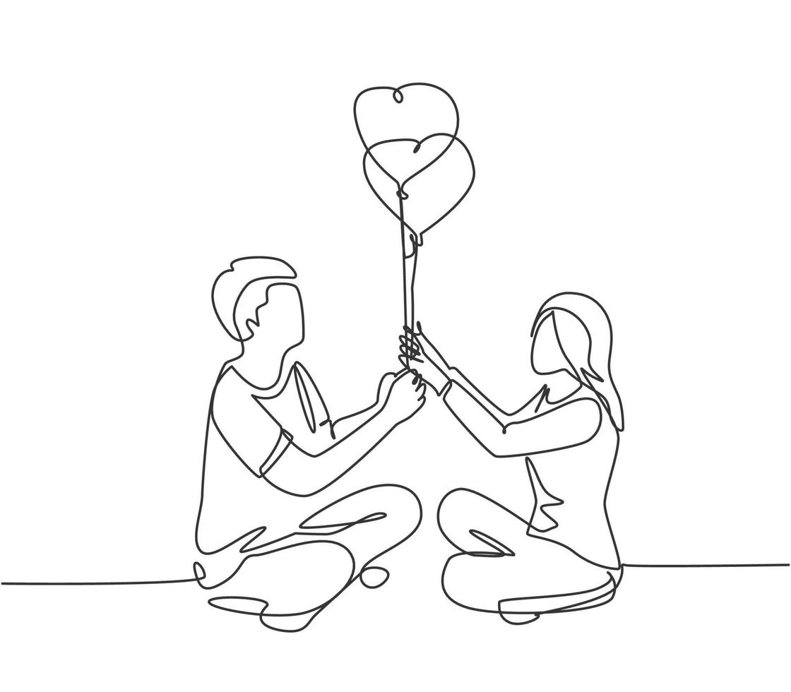 un dibujo de línea continua de una joven pareja feliz de hombre y mujer sentados en el sofá y sosteniendo juntos un globo en forma de corazón. Ilustración de vector de diseño de dibujo de línea única de concepto de citas románticas