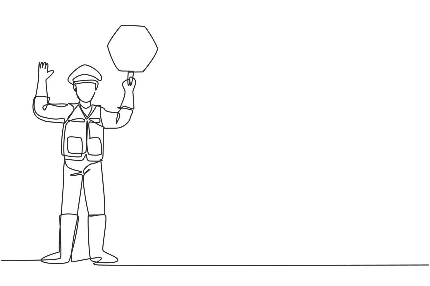 Single continuous line drawing policeman in full uniform and lifting traffic signs are controlling the crowds of vehicles during rush hour. Dynamic one line draw graphic design vector illustration.