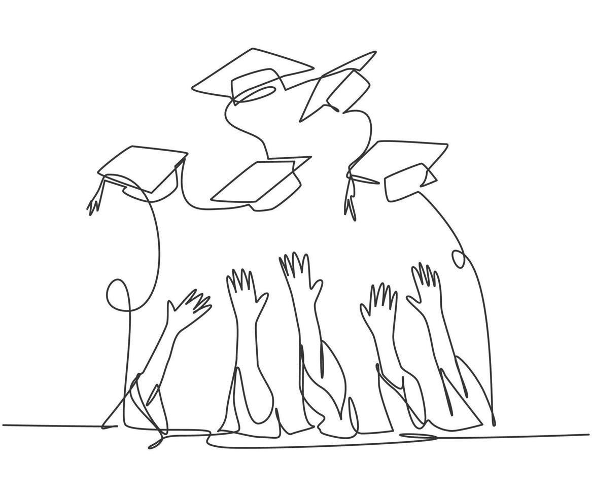 un dibujo de una sola línea de un grupo de estudiantes universitarios que arrojan su gorra al aire para celebrar su graduación de la escuela. Concepto de educación de pregrado ilustración de vector de diseño de dibujo de línea continua