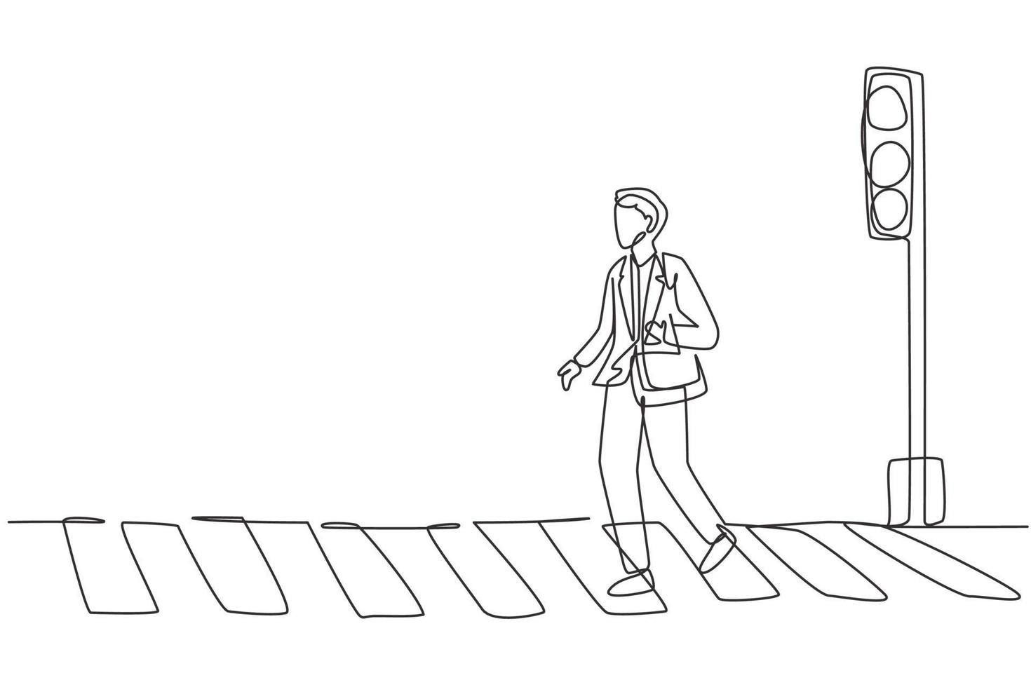 Continuous one line drawing a male worker crosses the road on the zebra crossing after returning from work. There's a traffic light there too. Single line draw design vector graphic illustration.