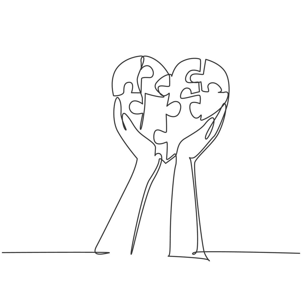 Single continuous line drawing of young happy man raised puzzle pieces up to the air together to form cute heart shape. Romantic game of love concept one line draw design graphic vector illustration