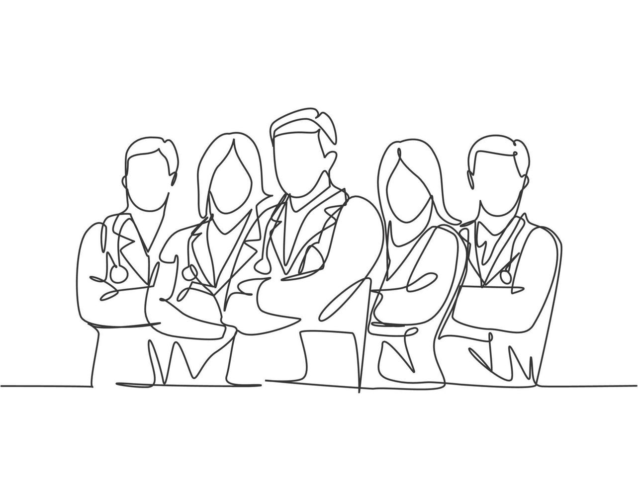 One single line drawing of group of male doctor and female doctor line up to celebrate their successful surgery operation. Team work success concept continuous line draw design vector illustration