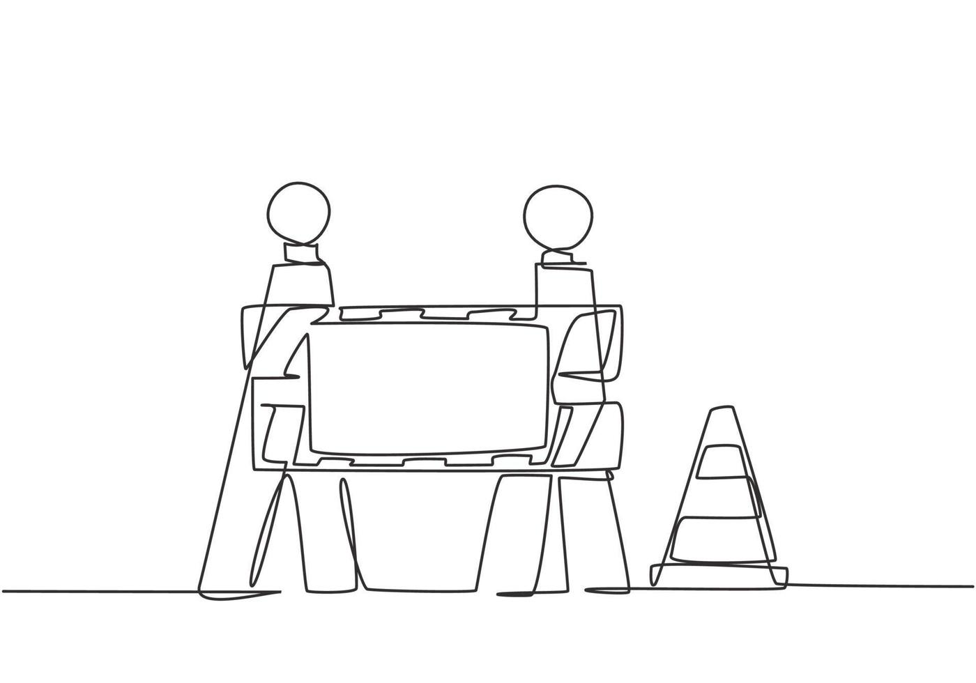 Single continuous line drawing warnings on under construction boards and traffic cones located on the side of the road that is undergoing repairs. One line draw graphic design vector illustration.