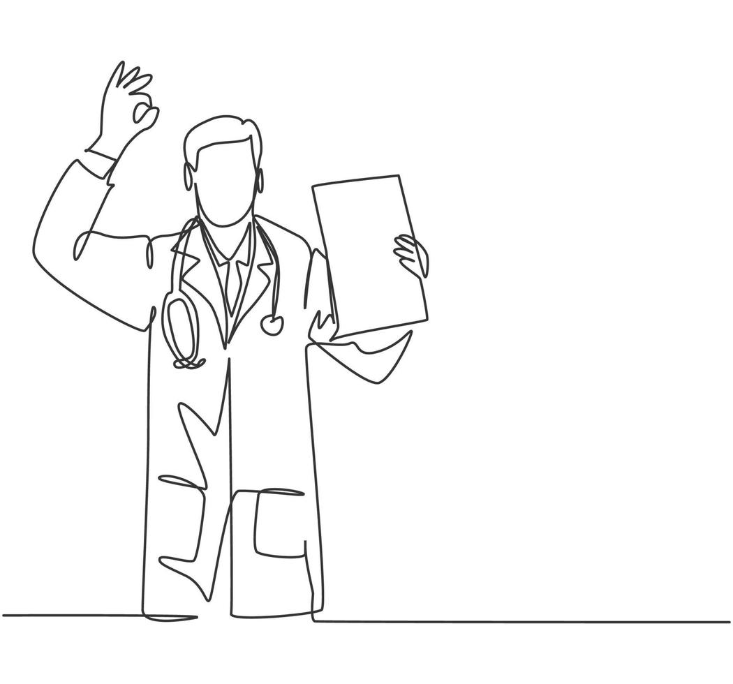 One single line drawing of young happy male doctor showing medical to do list task on clipboard and giving good hand gesture. Medical check up concept continuous line draw design vector illustration