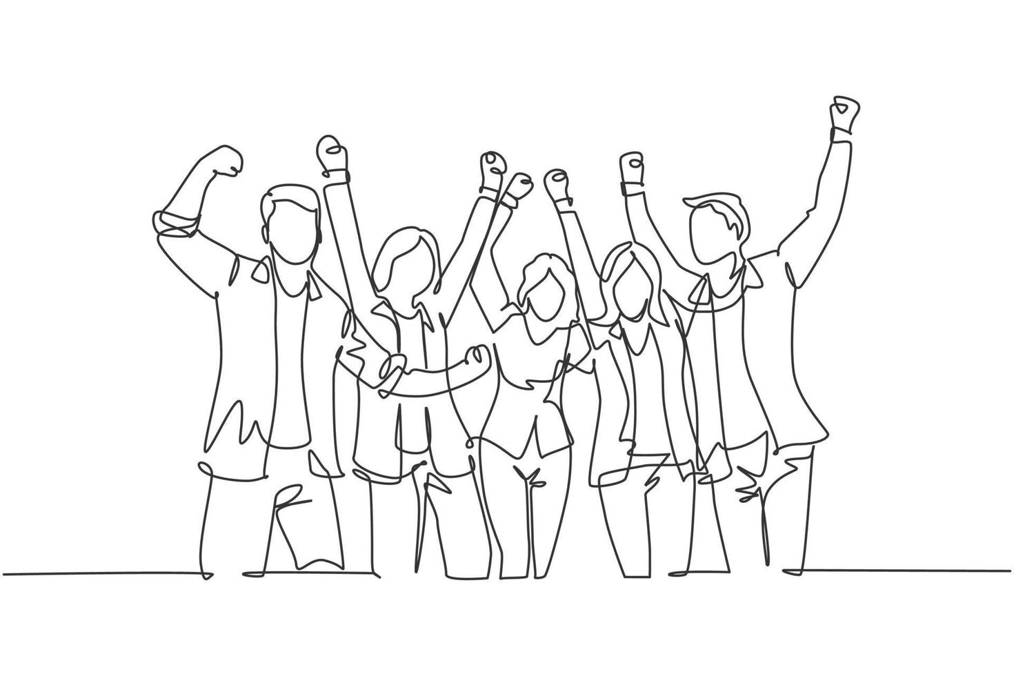 One single line drawing of group of young happy ceo and his colleagues celebrating their success achieving the company business target. Team work goal concept continuous line draw design illustration vector