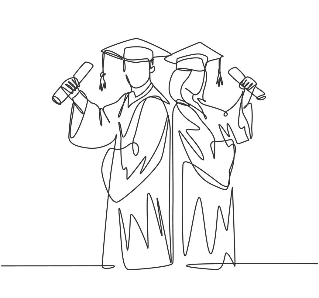 One continuous line drawing of young happy couple graduate college student hold paper and celebrate their graduation from university. Education concept. Single line draw design vector illustration