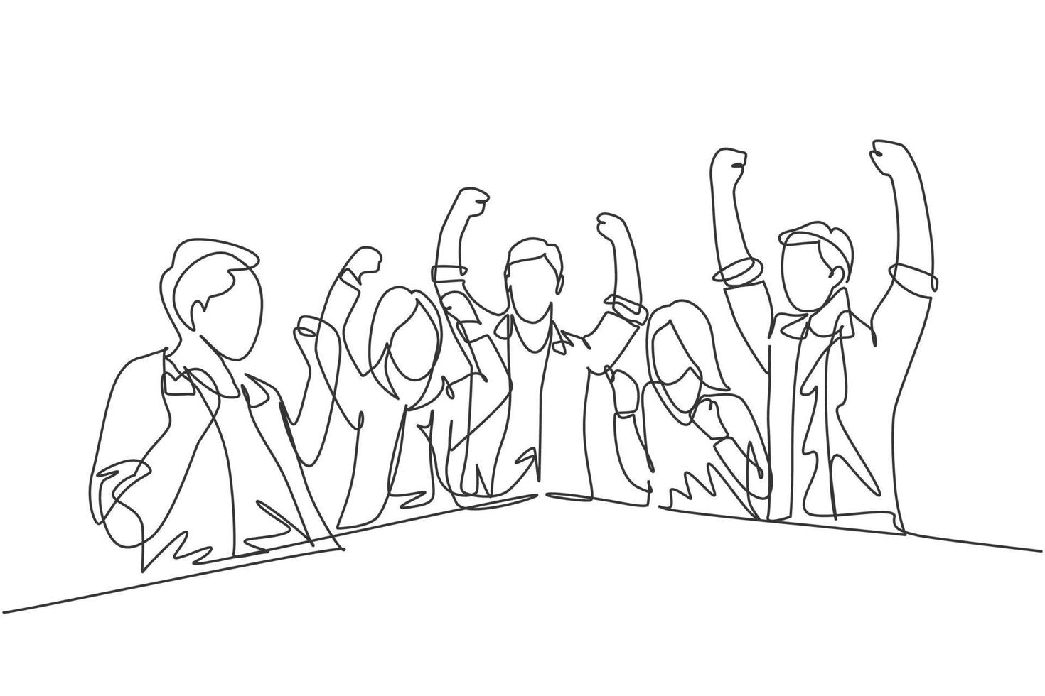 One single line drawing of young happy business man and business woman celebrating their success achieve the business target. Team work goal concept continuous line draw design vector illustration