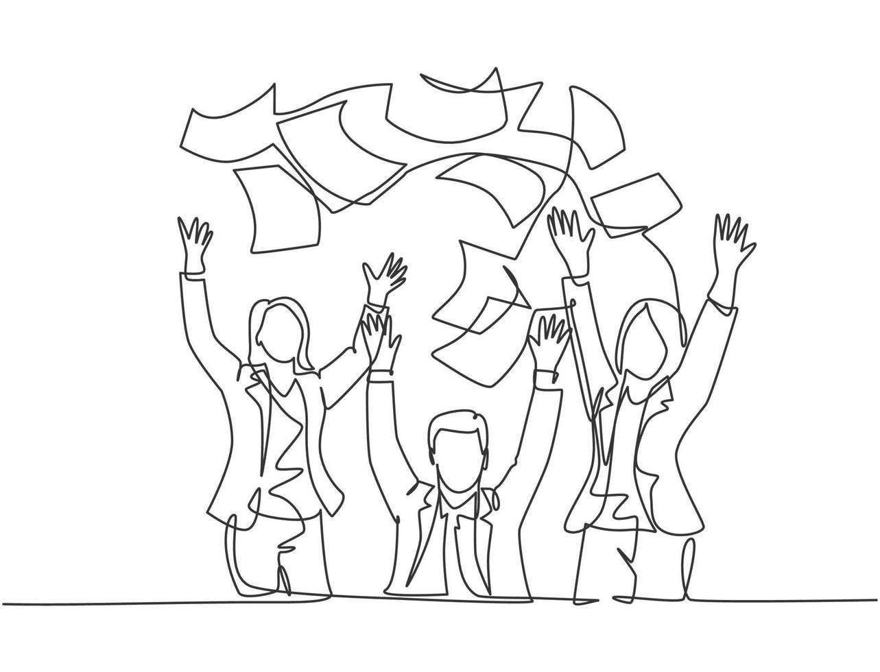 One single line drawing of group of male manager and assistant manager celebrating their success achieve the business target. Team work goal concept continuous line draw design vector illustration