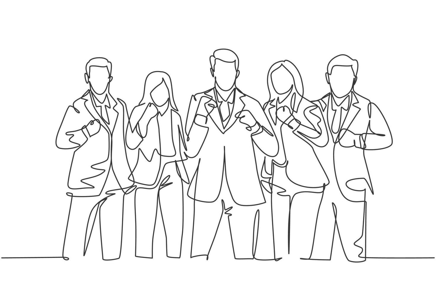 One single line drawing of group of business man and business woman line up to celebrate their success achieve the business target. Team work goal concept continuous line draw design illustration vector