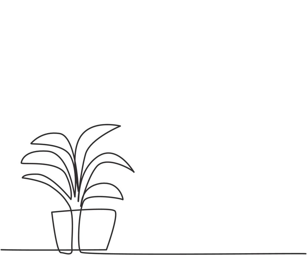 Single continuous line drawing potted plants with six growing leaves are used for ornamental plants. Leaves that decorate the interior of the room. One line draw graphic design vector illustration.