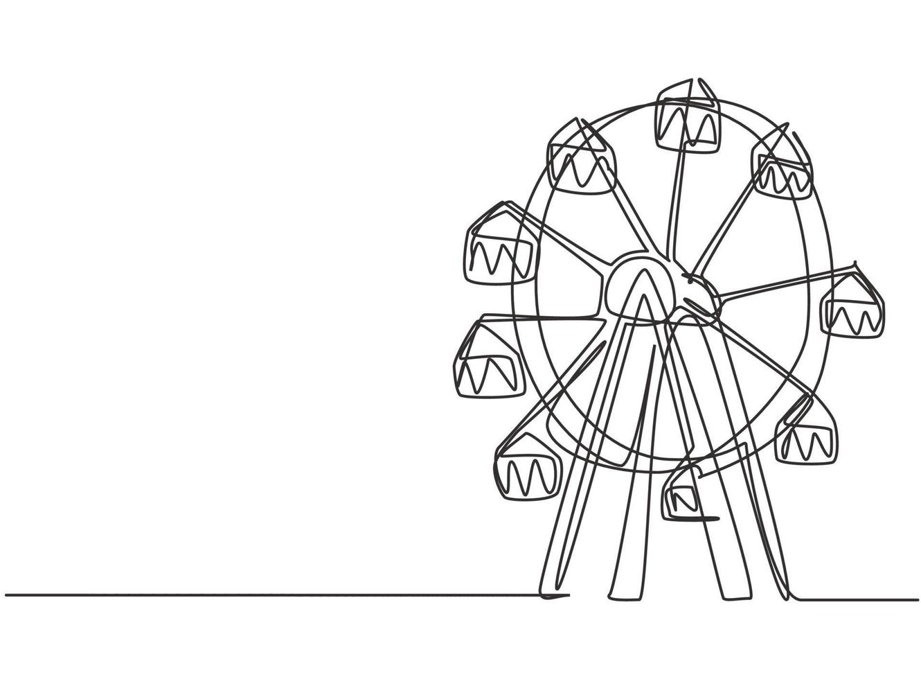 Single one line drawing of a ferris wheel in an amusement park, a large circular circle high in the sky. Interesting recreational rides for families. One line draw design graphic vector illustration.