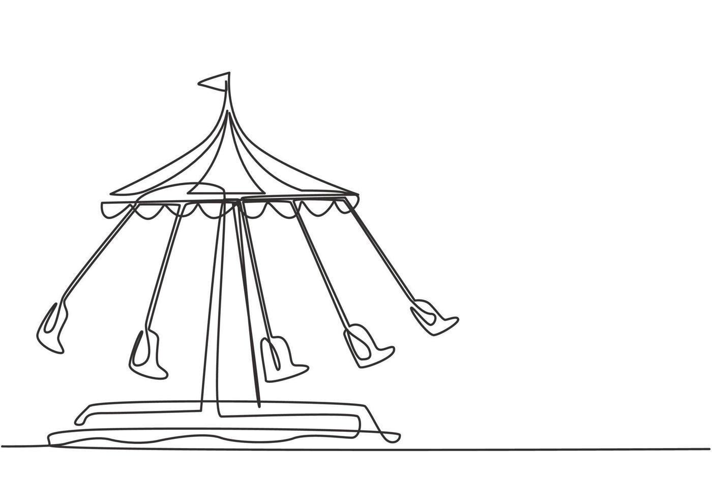 Continuous one line drawing of a wave swinger in an amusement park with five seats and a flag above tent. Passengers can swing around in the sky. Single line draw design, vector graphic illustration