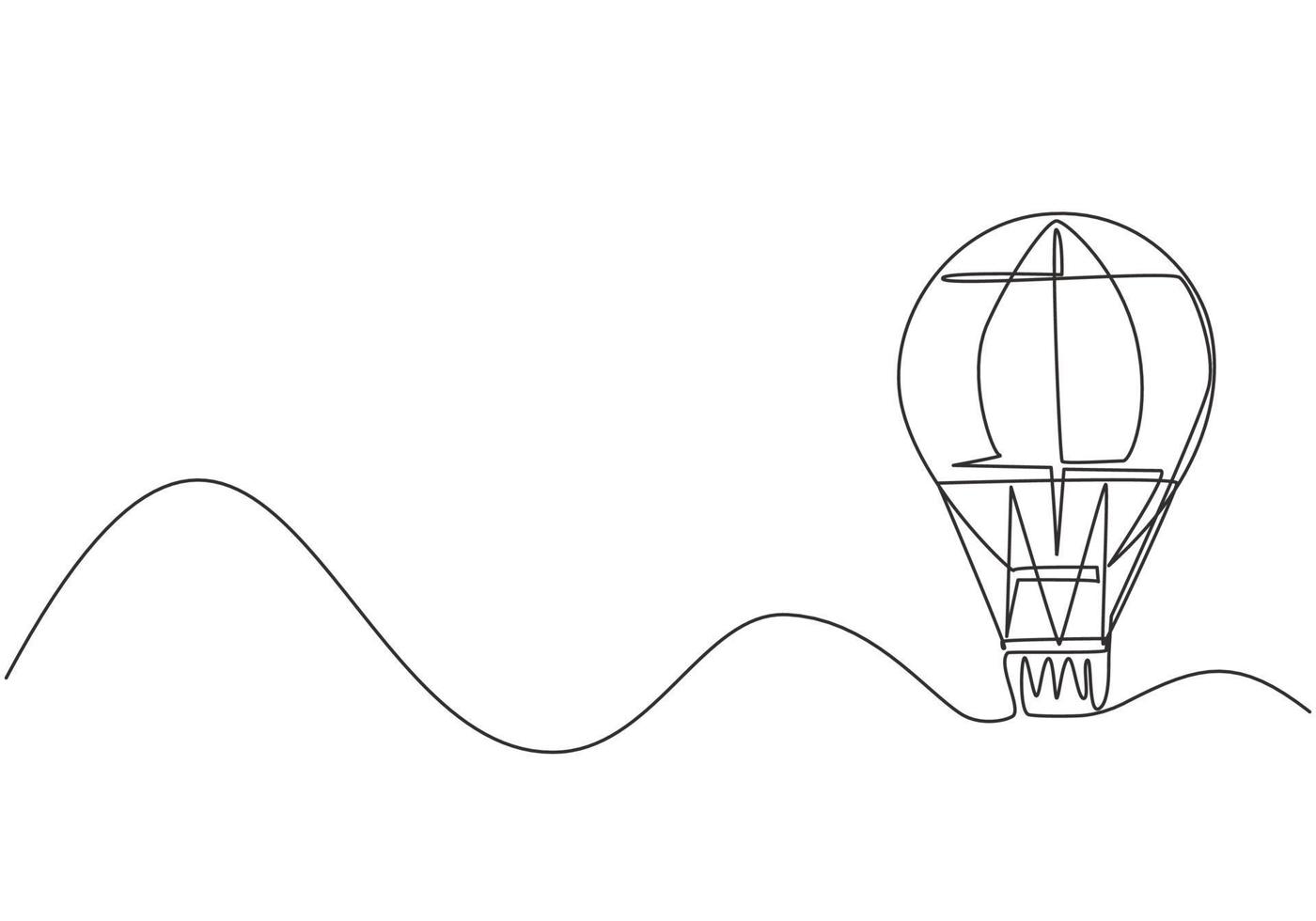 Continuous one line drawing hot air balloon with stripe pattern and a passenger basket. Fun flying vacation experience in the sky with the family. Single line draw design vector graphic illustration.