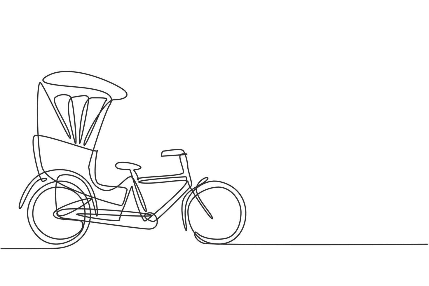 El dibujo de una sola línea continua el rickshaw de ciclo visto desde el lado tira al pasajero sentado detrás de él con un pedal de bicicleta. vehículo turístico. Ilustración de vector de diseño gráfico de dibujo de una línea.