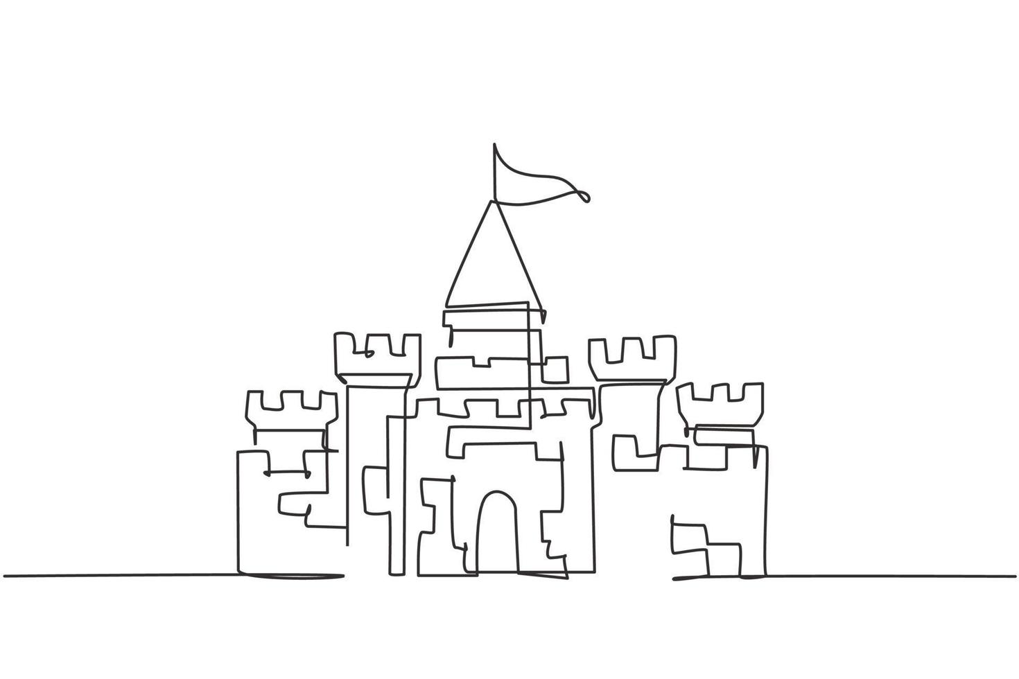 Continuous one line drawing, a castle in an amusement park with five towers and one flag above it. A palace where a happy royal family lived. Single line draw design vector graphic illustration.