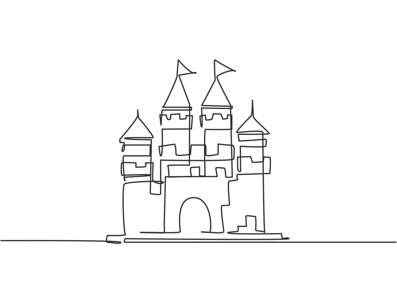 Single one line drawing of castle in an amusement park with four towers and two flags on it. A fort that contains an atmosphere in a fairy tale. Continuous line draw design graphic vector illustration